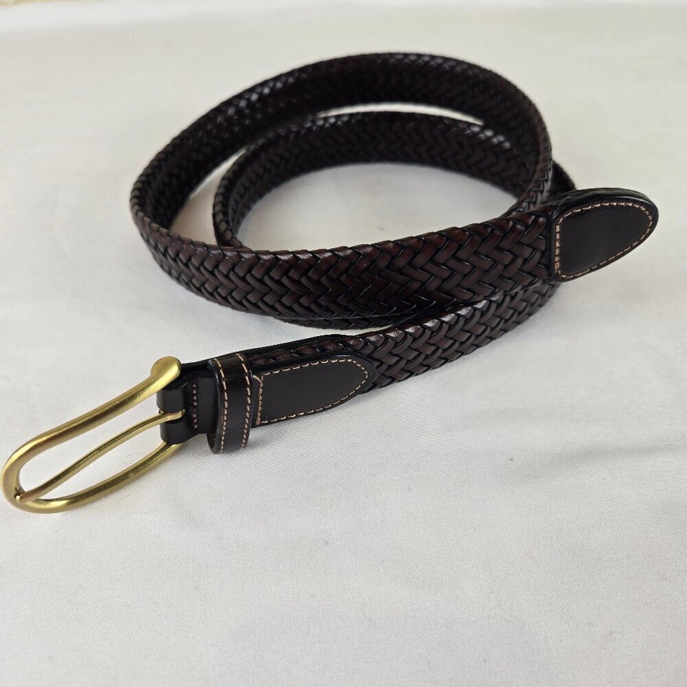 Perry Ellis Portfolio Waist Size 36/90 Dark Brown Woven Leather Belt Gold Buckle